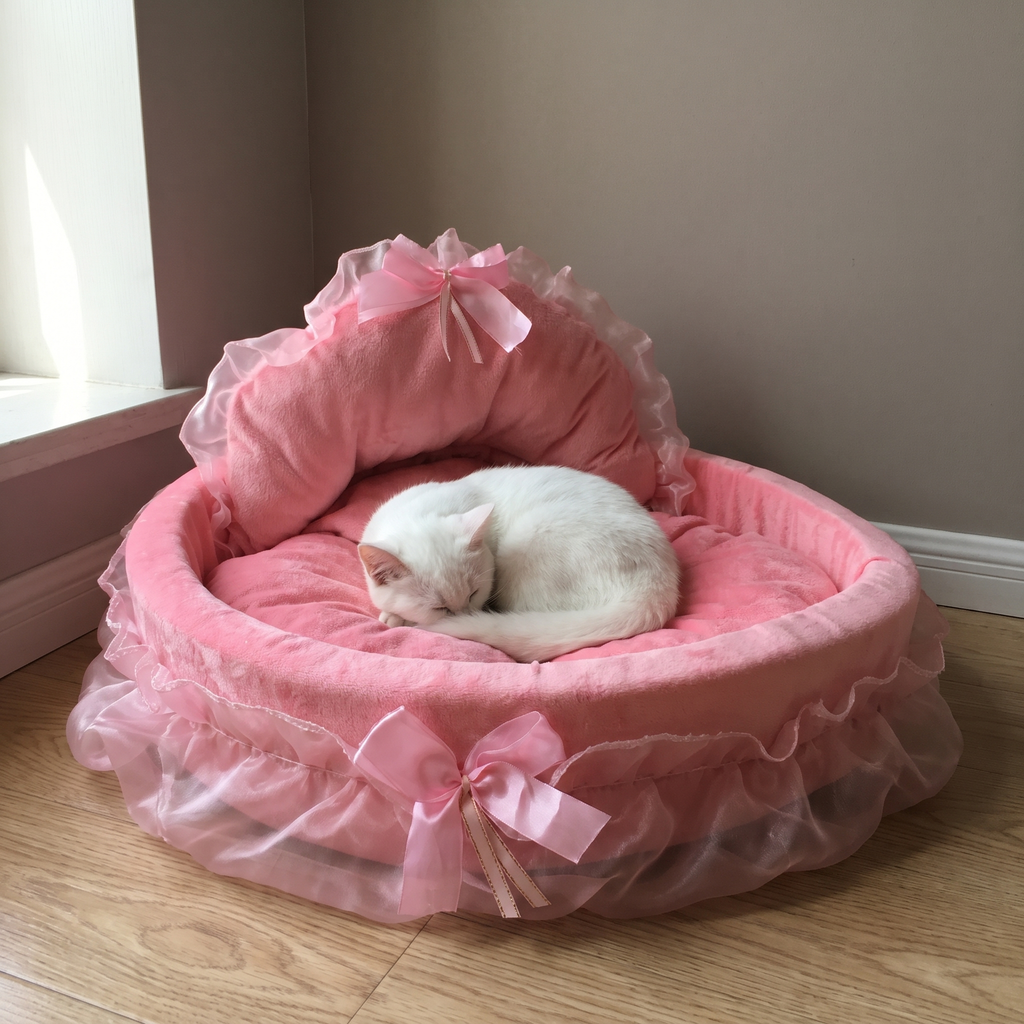Pink lace princess pet bed with a white cat curled inside - wrenwood hero