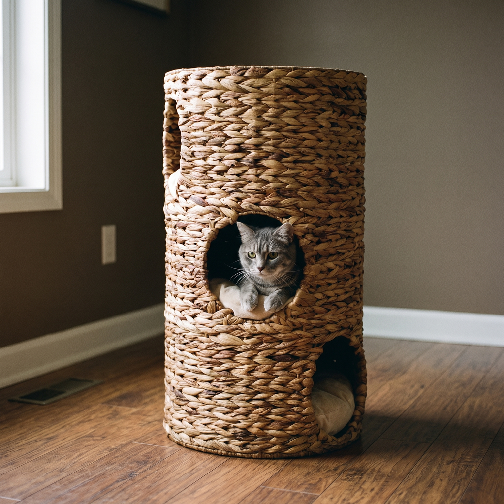 Woven rattan three-storey cat tower bed in a living room with a cat in one opening - wrenwood hero
