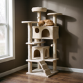 Cream 52 inch multi-level cat tree tower with perches and sisal posts in a living room - wrenwood hero