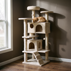 Cream 52 inch multi-level cat tree tower with perches and sisal posts in a living room - wrenwood hero