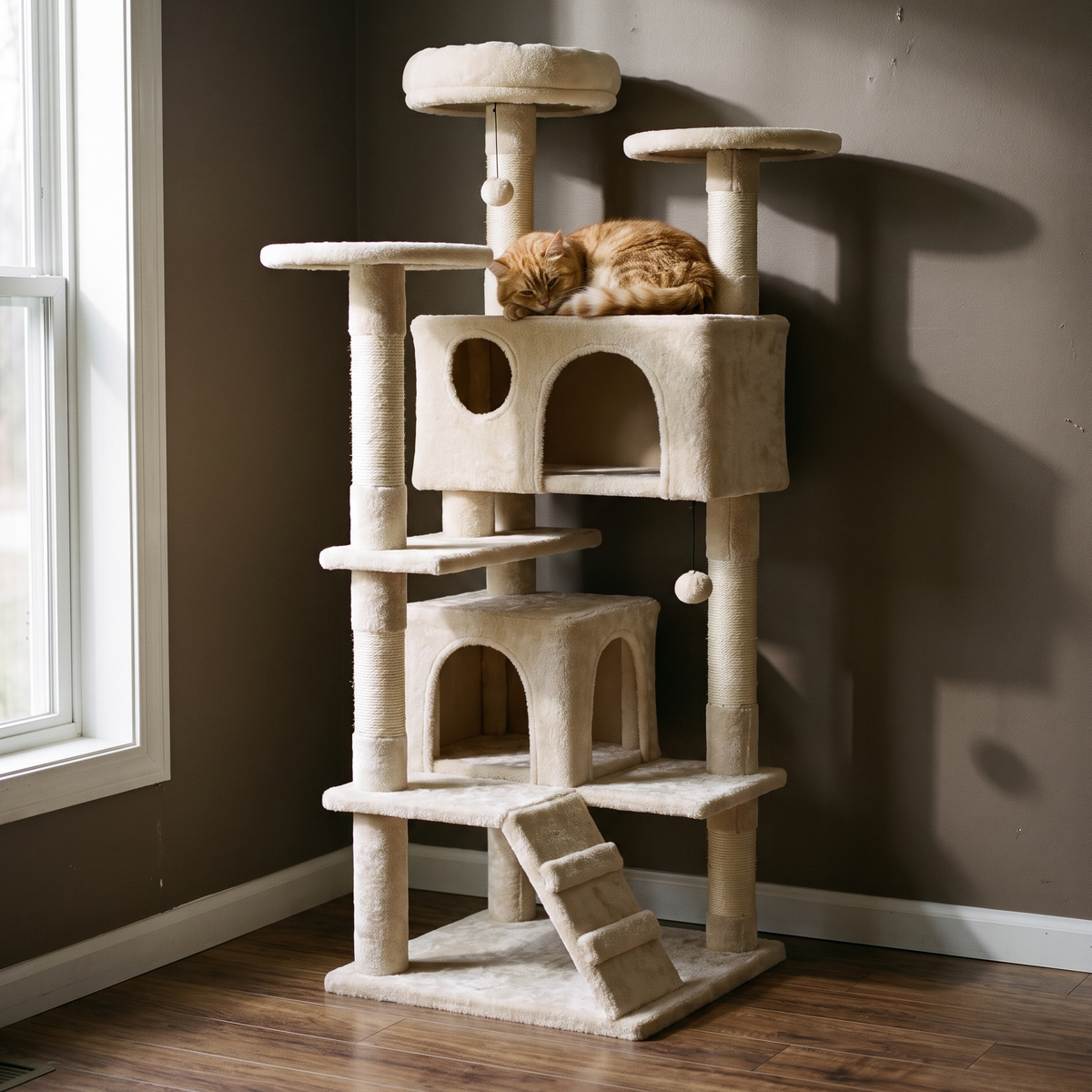 Cream 52 inch multi-level cat tree tower with perches and sisal posts in a living room - wrenwood hero