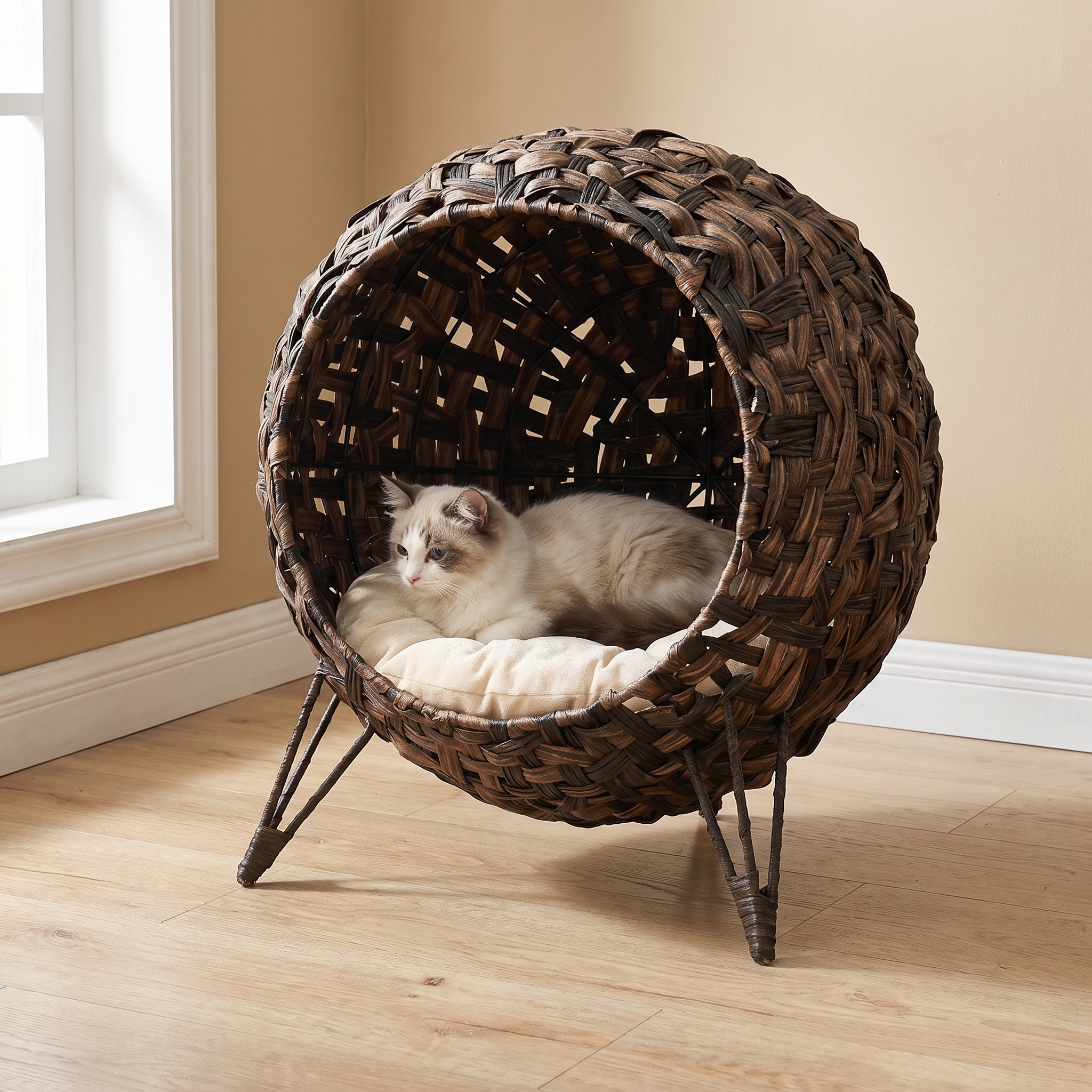 Woven banana-leaf raised cat bed basket in a living room with a cat resting inside - wrenwood hero