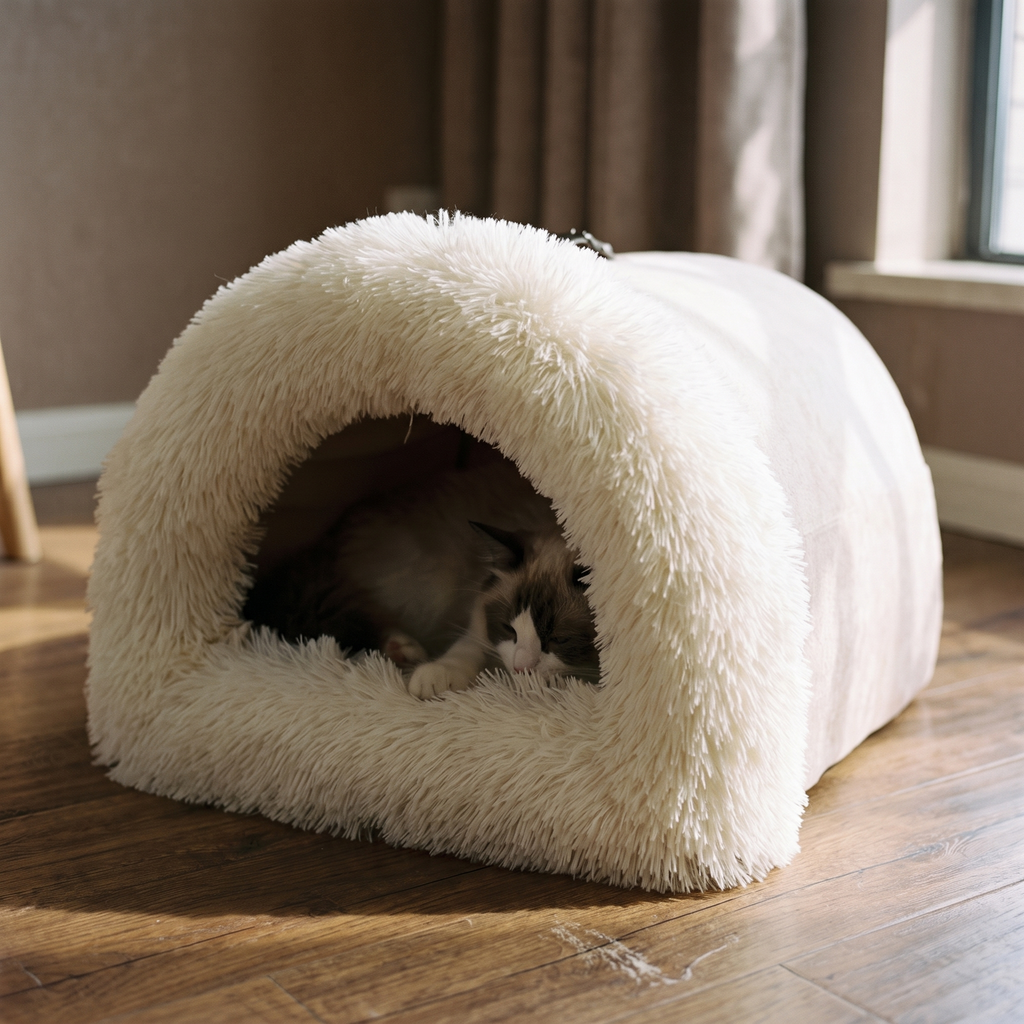 Cream plush semi-enclosed cat cave bed in a living room - wrenwood hero