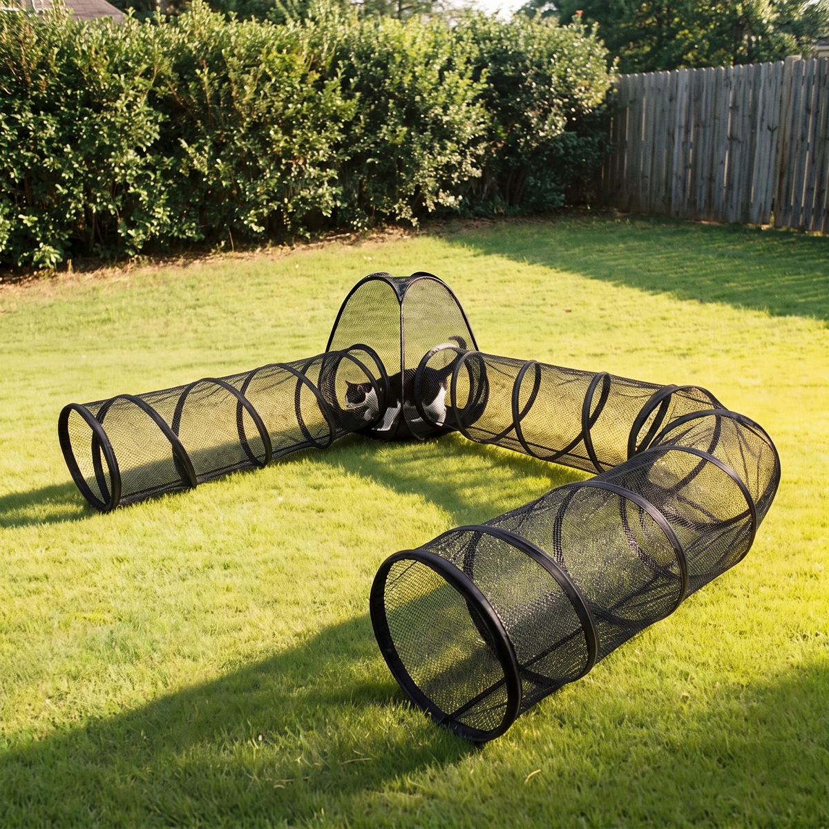 Black mesh outdoor cat enclosure playpen with tunnel on a garden lawn - wrenwood hero