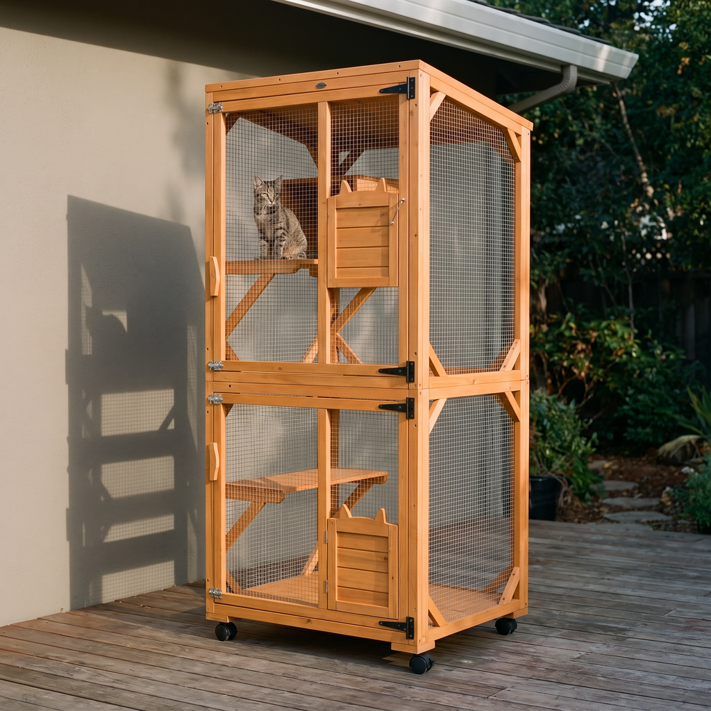 Wooden rolling cat house catio enclosure with perches on a back patio - wrenwood hero