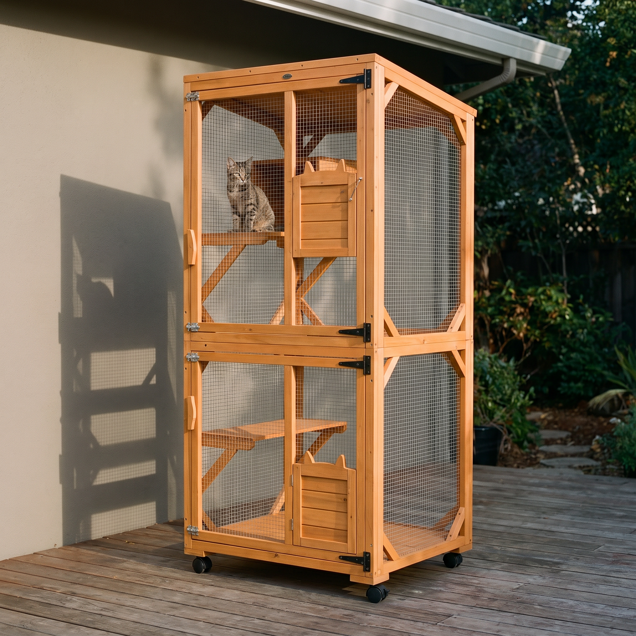Wooden rolling cat house catio enclosure with perches on a back patio - wrenwood hero