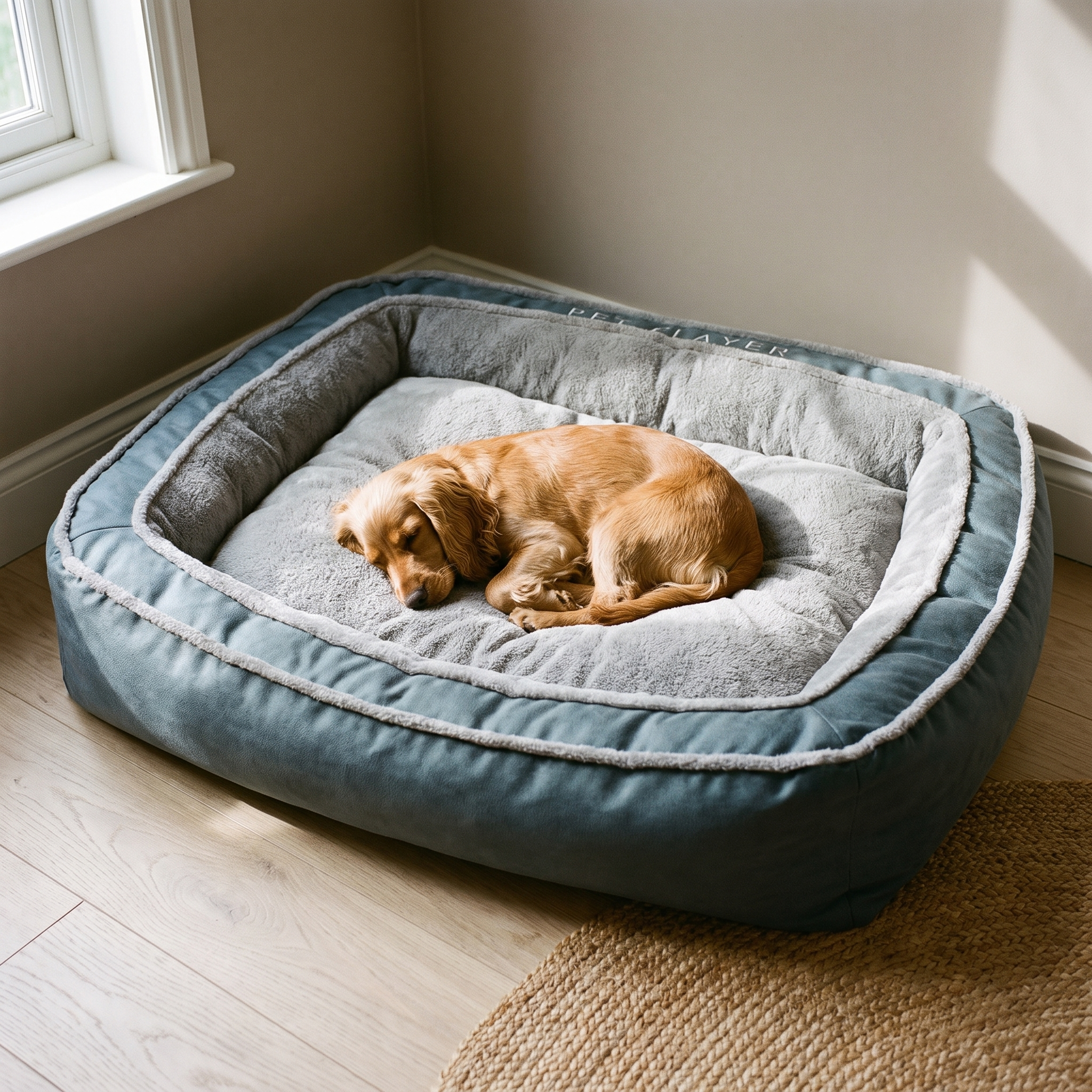 Blue-grey plush pet mattress bed in a living room with a small dog asleep on it - wrenwood hero