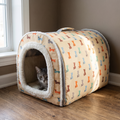 Enclosed cream cat bed house with a tabby cat looking out of the entrance - wrenwood hero