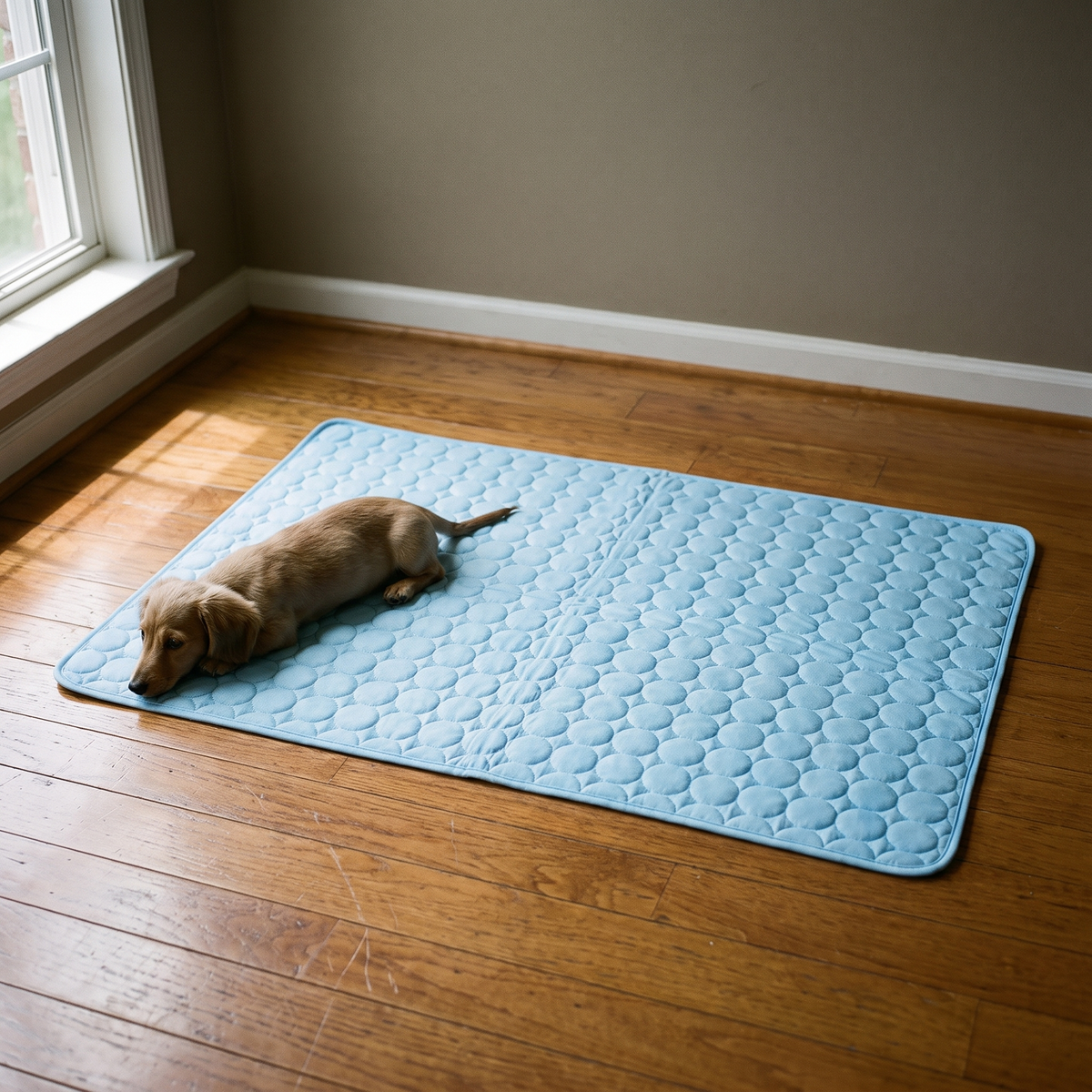 Blue quilted ice-silk cooling pet mat on a kitchen floor - wrenwood hero