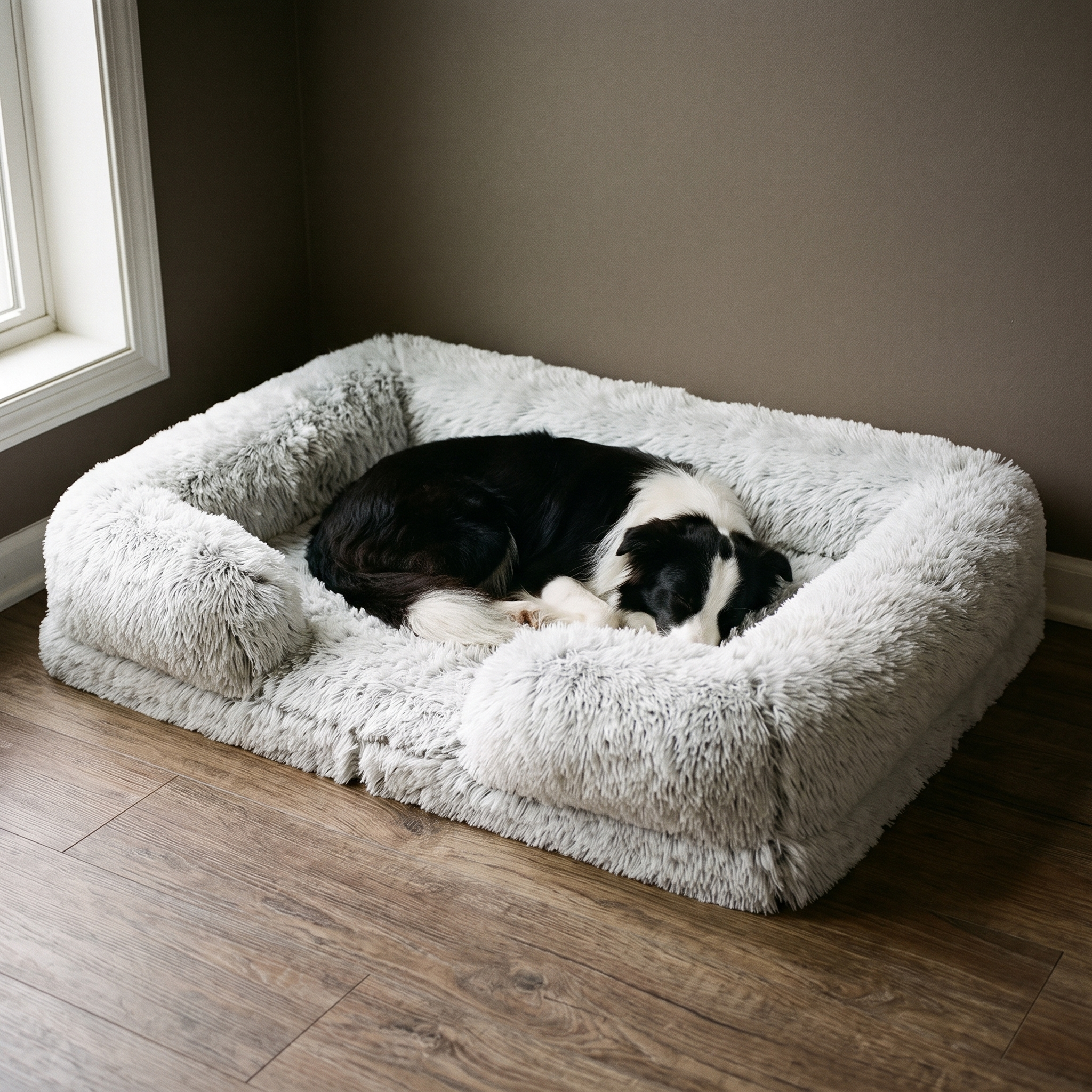 White shaggy plush winter pet bed in a living room with a small dog curled inside - wrenwood hero