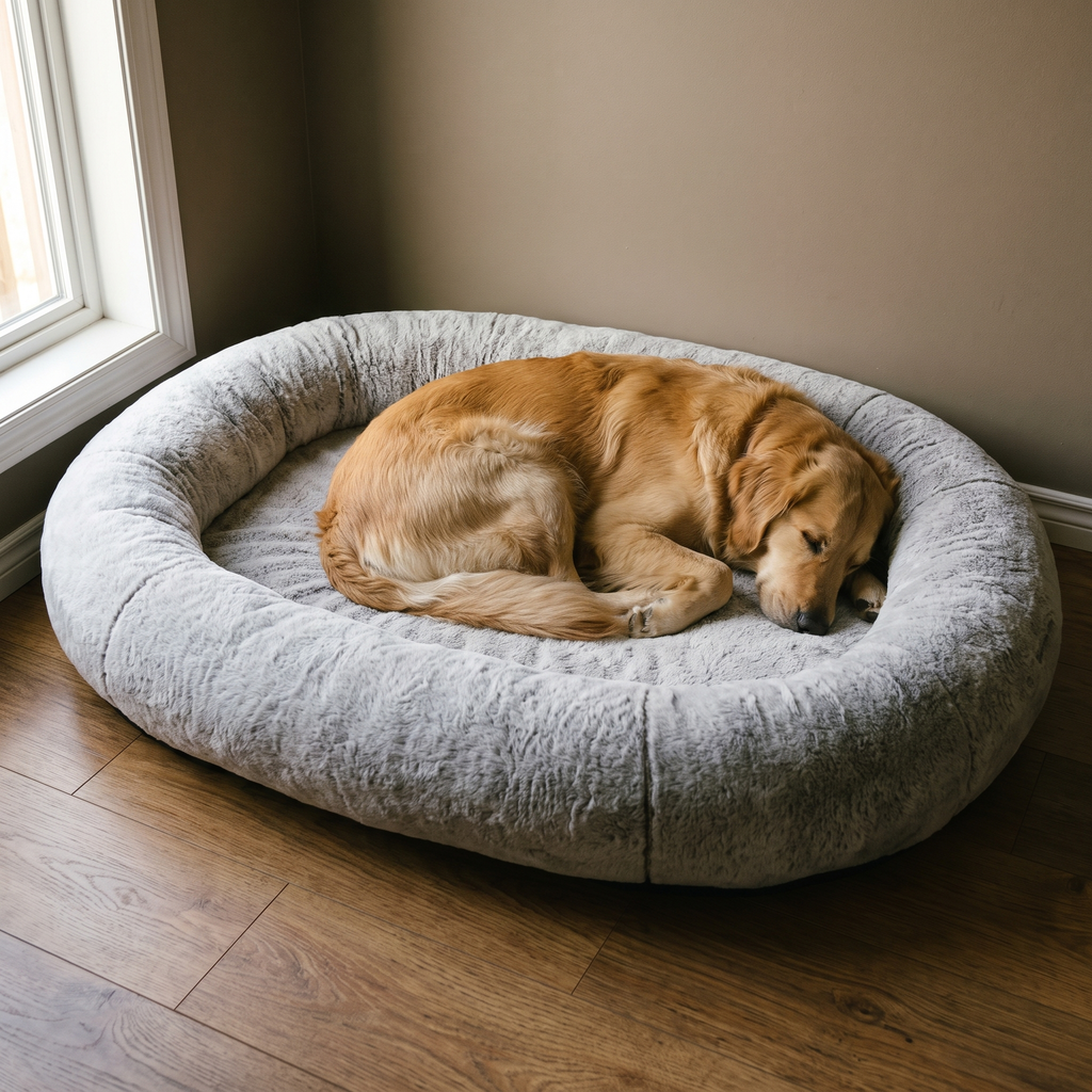 Oversized grey plush pet bed with a golden retriever asleep in it - wrenwood hero