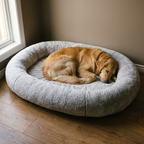 Oversized grey plush pet bed with a golden retriever asleep in it - wrenwood hero
