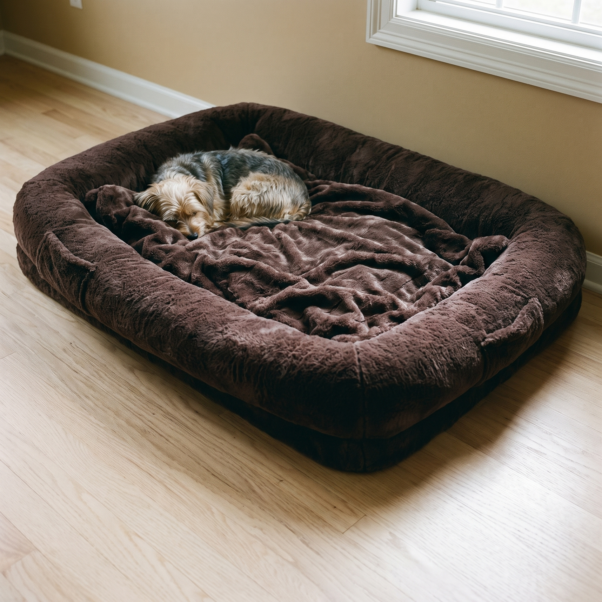 Giant brown plush human-size dog bed lounger in a living room with a small dog asleep on it - wrenwood hero