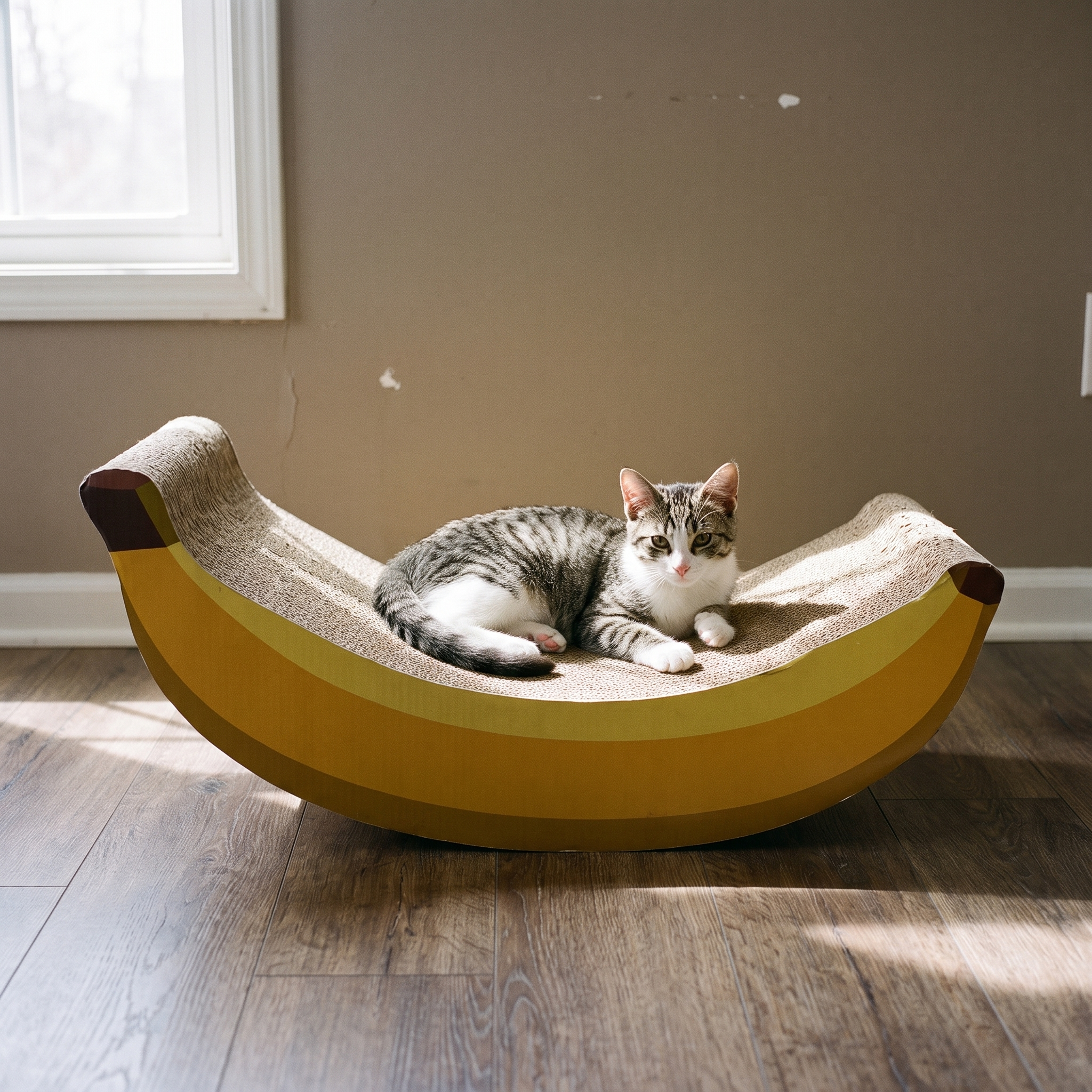 Curved corrugated cardboard cat scratcher board in a living room - wrenwood hero