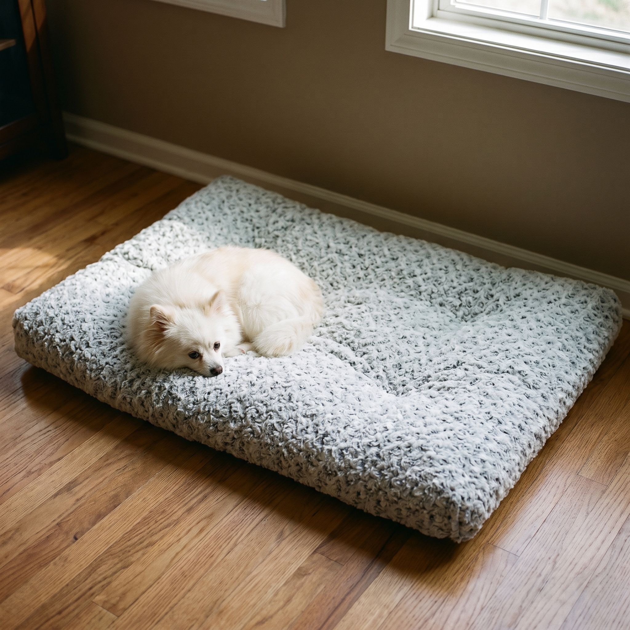 Grey velvet plush pet bed mattress on a wood floor with a small white dog on it - wrenwood hero