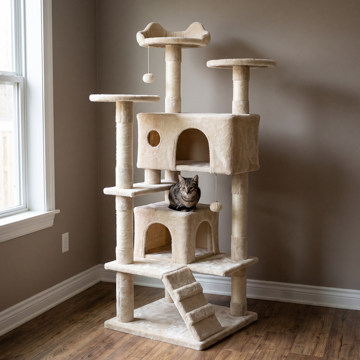 Cream multi-level cat tree tower with sisal posts in a living room - wrenwood hero