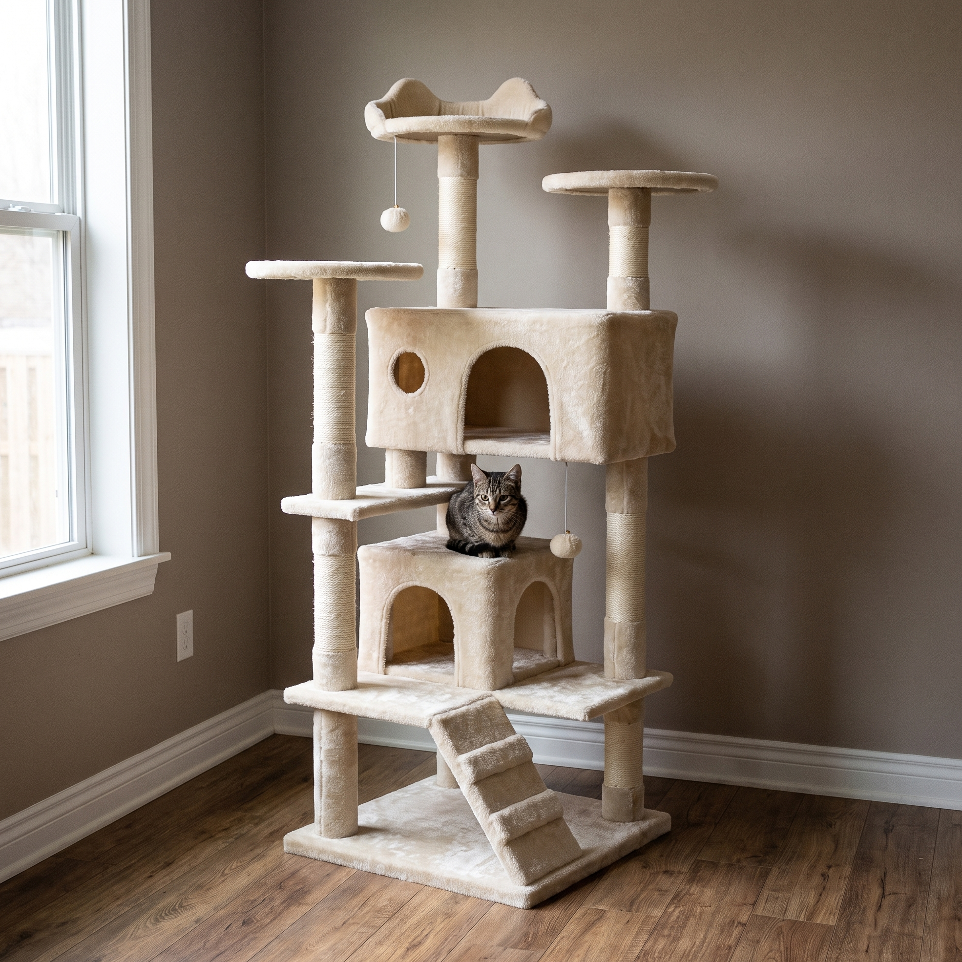Cream multi-level cat tree tower with sisal posts in a living room - wrenwood hero