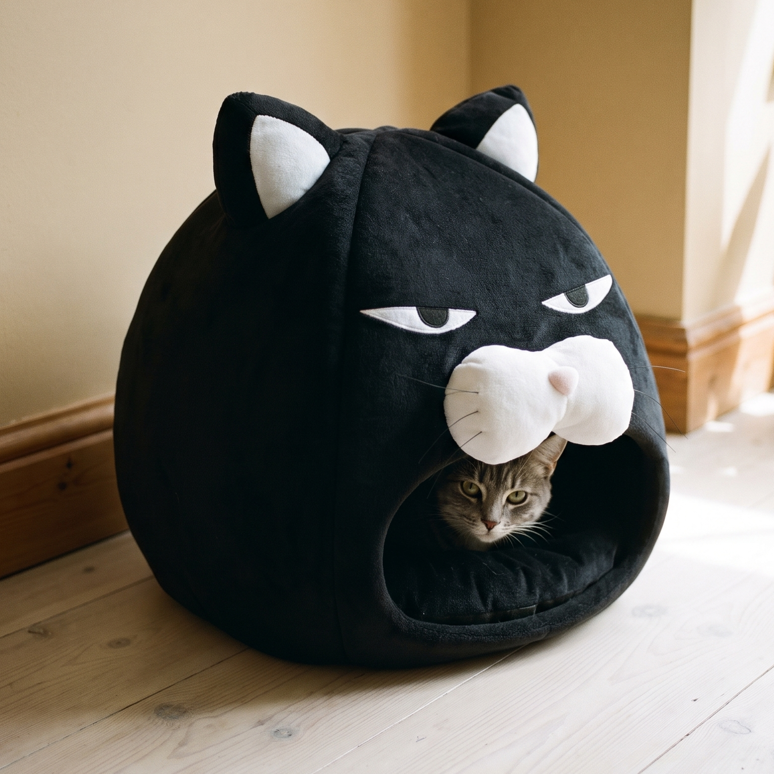 Black plush cat-face covered pet bed nest with a grey cat peeking out of the opening - wrenwood hero