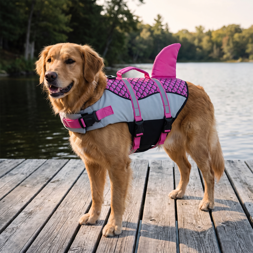 Dog wearing the pink mermaid-scale life jacket on a lakeside dock - wrenwood hero