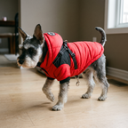 Small schnauzer wearing the red padded hooded winter dog jacket - wrenwood hero