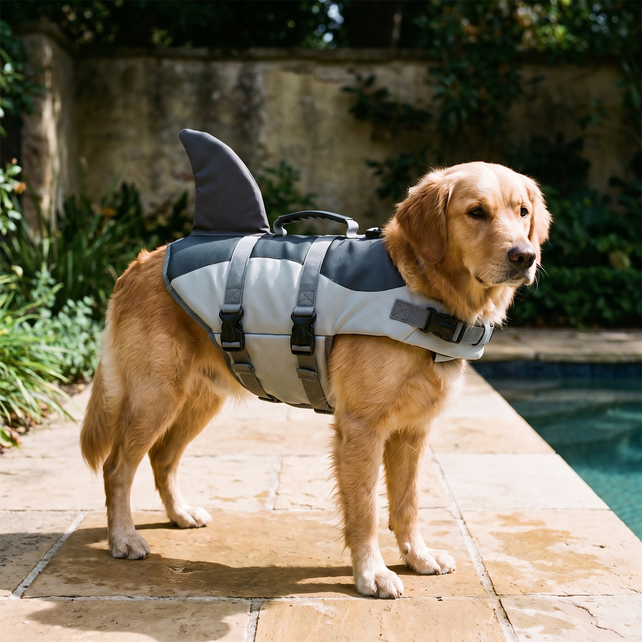Dog wearing the grey shark-fin life vest at a poolside - wrenwood hero