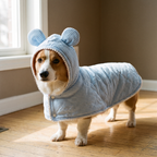 Corgi wearing the blue checked hooded dog pajama cloak - wrenwood hero