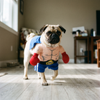 Pug wearing the boxer pet costume with red gloves and shorts - wrenwood hero