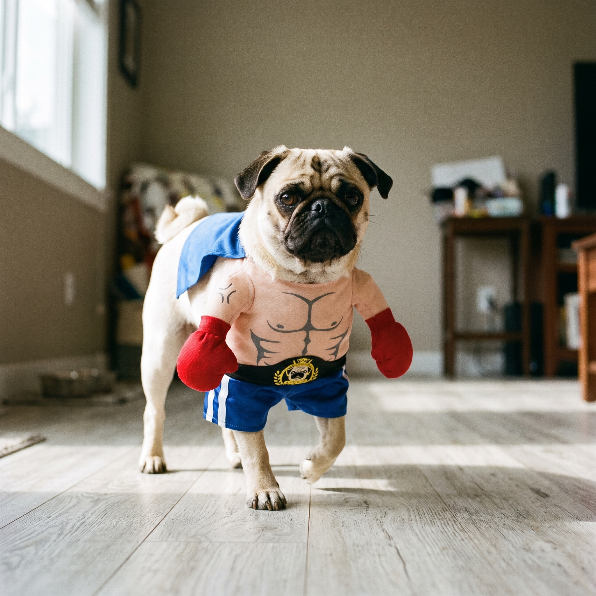 Pug wearing the boxer pet costume with red gloves and shorts - wrenwood hero