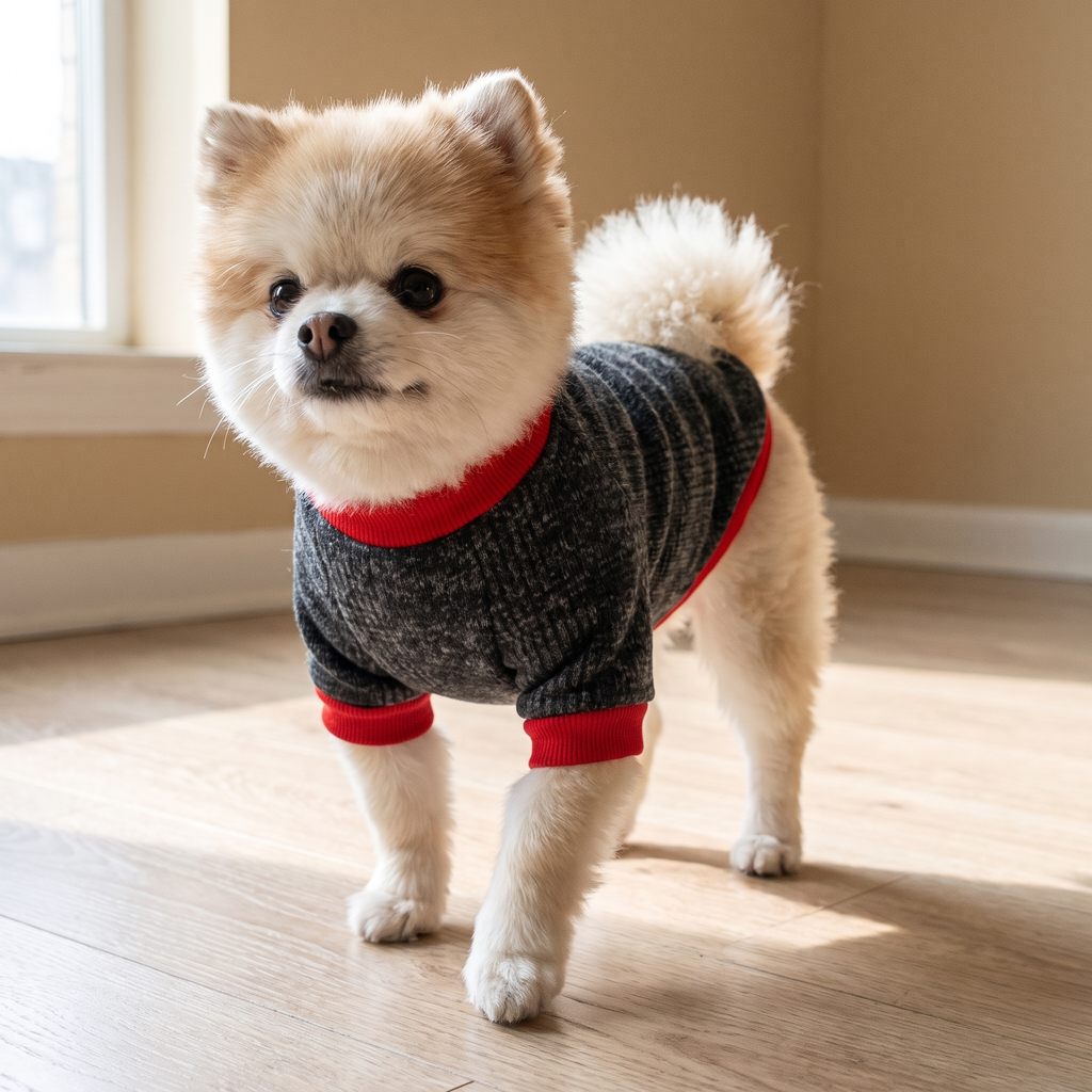 Pomeranian wearing the charcoal fleece dog sweatshirt with red trim in a sunlit room - wrenwood hero