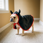 French bulldog wearing the black devil horn cape costume - wrenwood hero