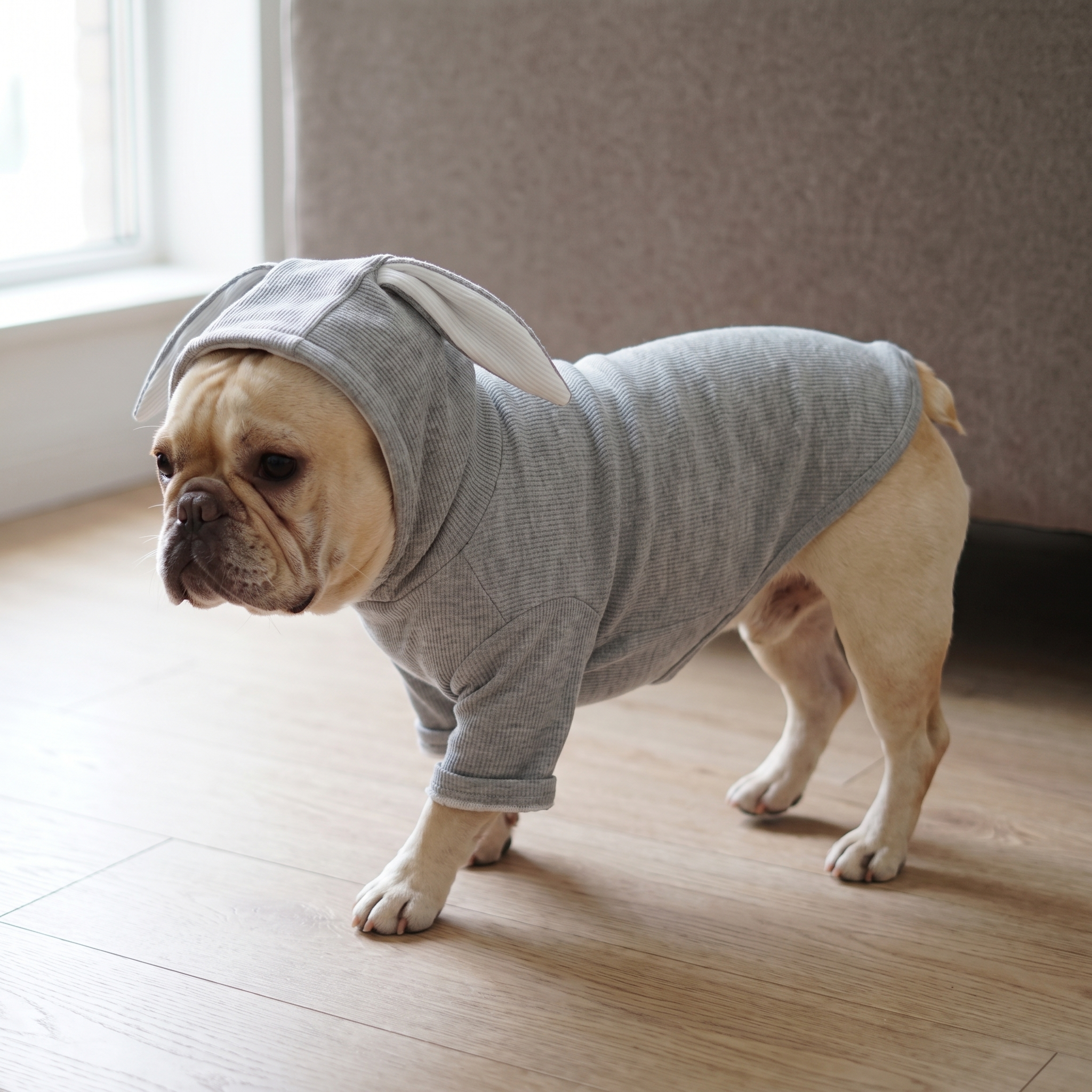 French bulldog wearing the grey hooded casual dog shirt - wrenwood hero