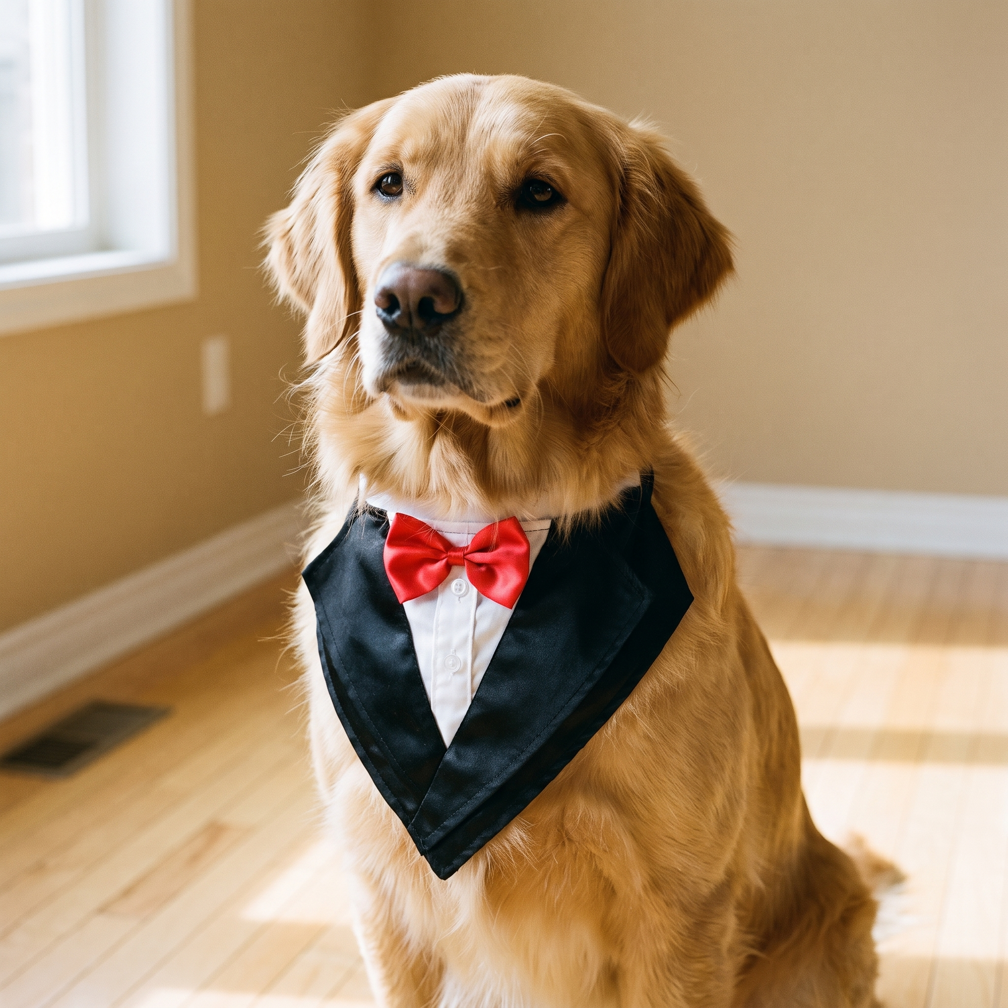 Golden retriever wearing the black satin tuxedo bandana with red bow tie - wrenwood hero