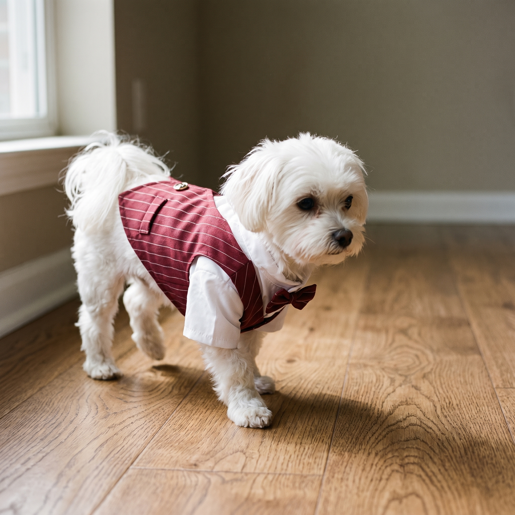 Small white dog wearing the red pinstripe tuxedo suit with bow tie in a sunlit room - wrenwood hero