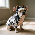 French bulldog wearing the cow-print hooded dog outfit on a kitchen floor - wrenwood hero