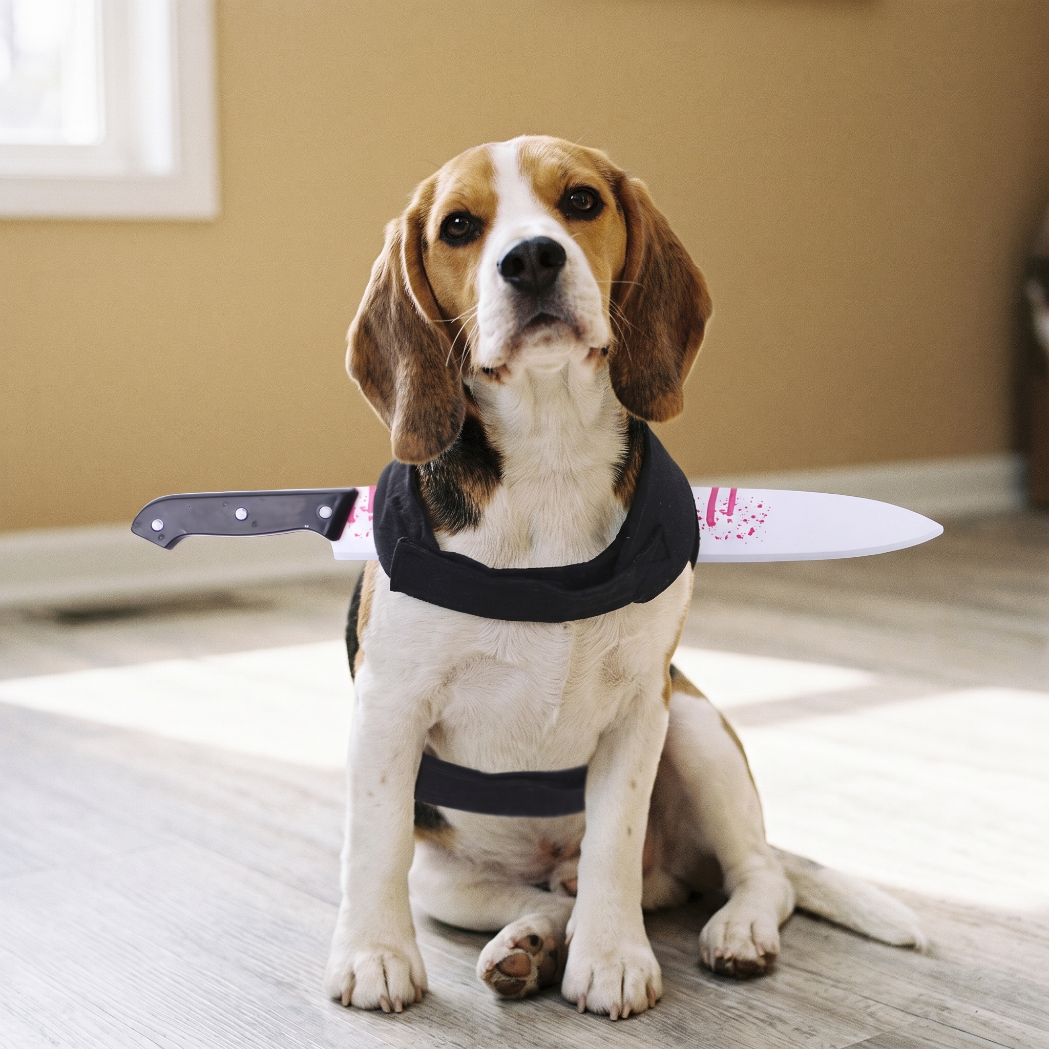 Beagle wearing the funny Halloween pet costume in a living room - wrenwood hero
