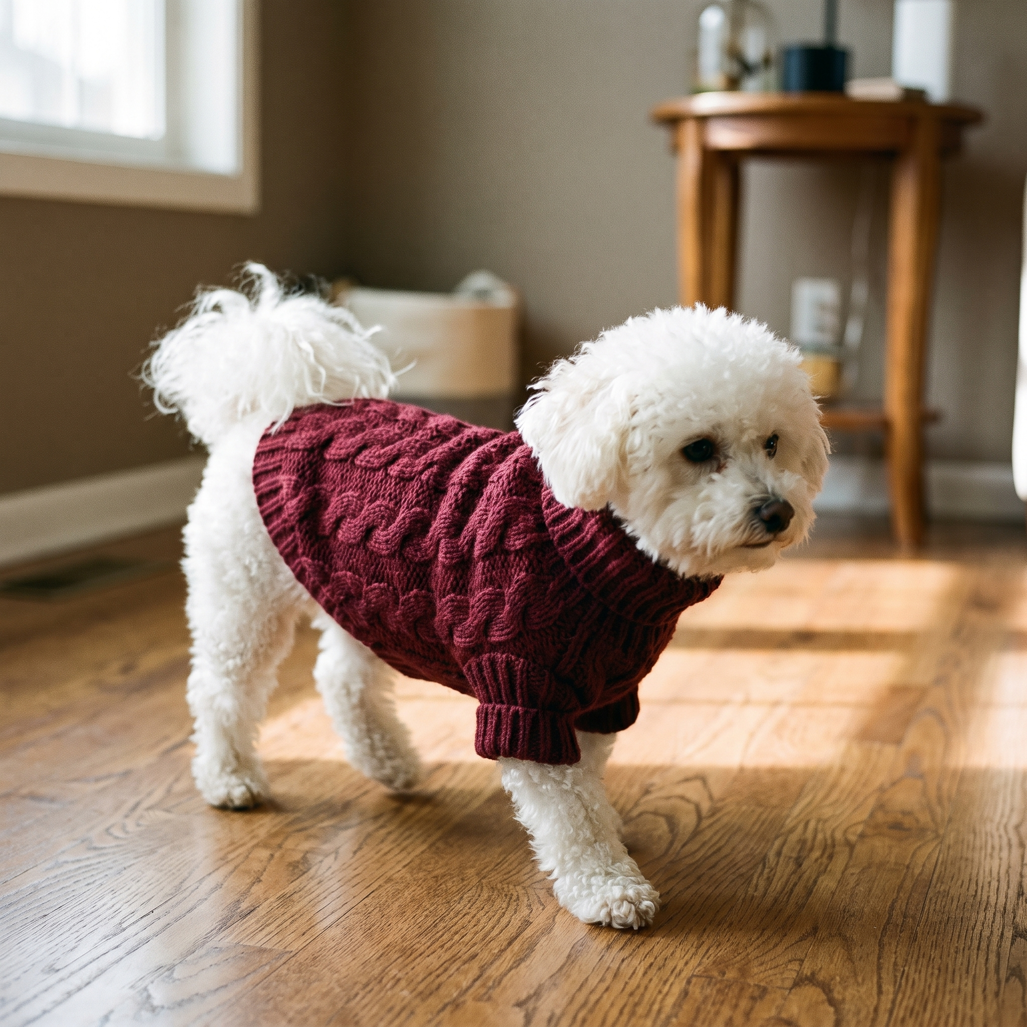 Small white dog wearing the burgundy cable-knit dog sweater on a sunlit wood floor - wrenwood hero