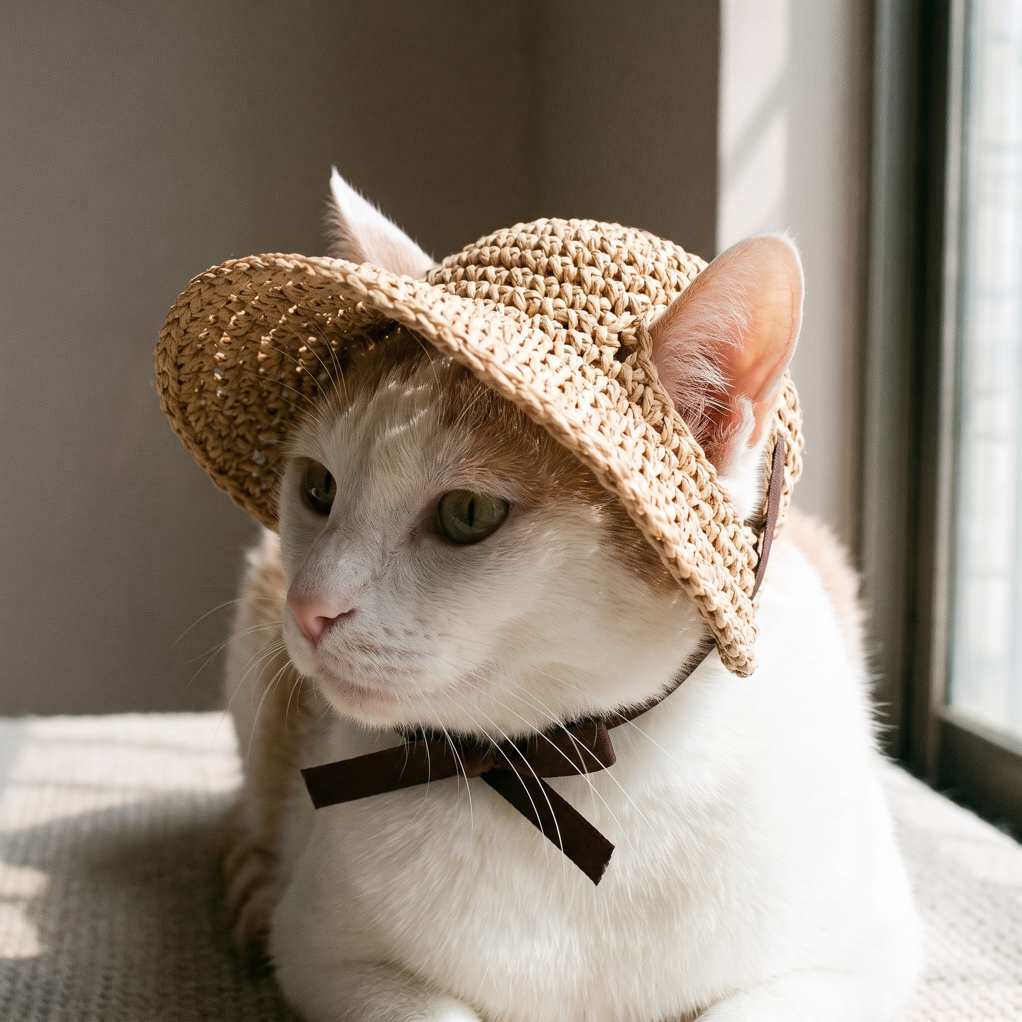 Cat wearing the woven straw sun bonnet with ribbon ties - wrenwood hero