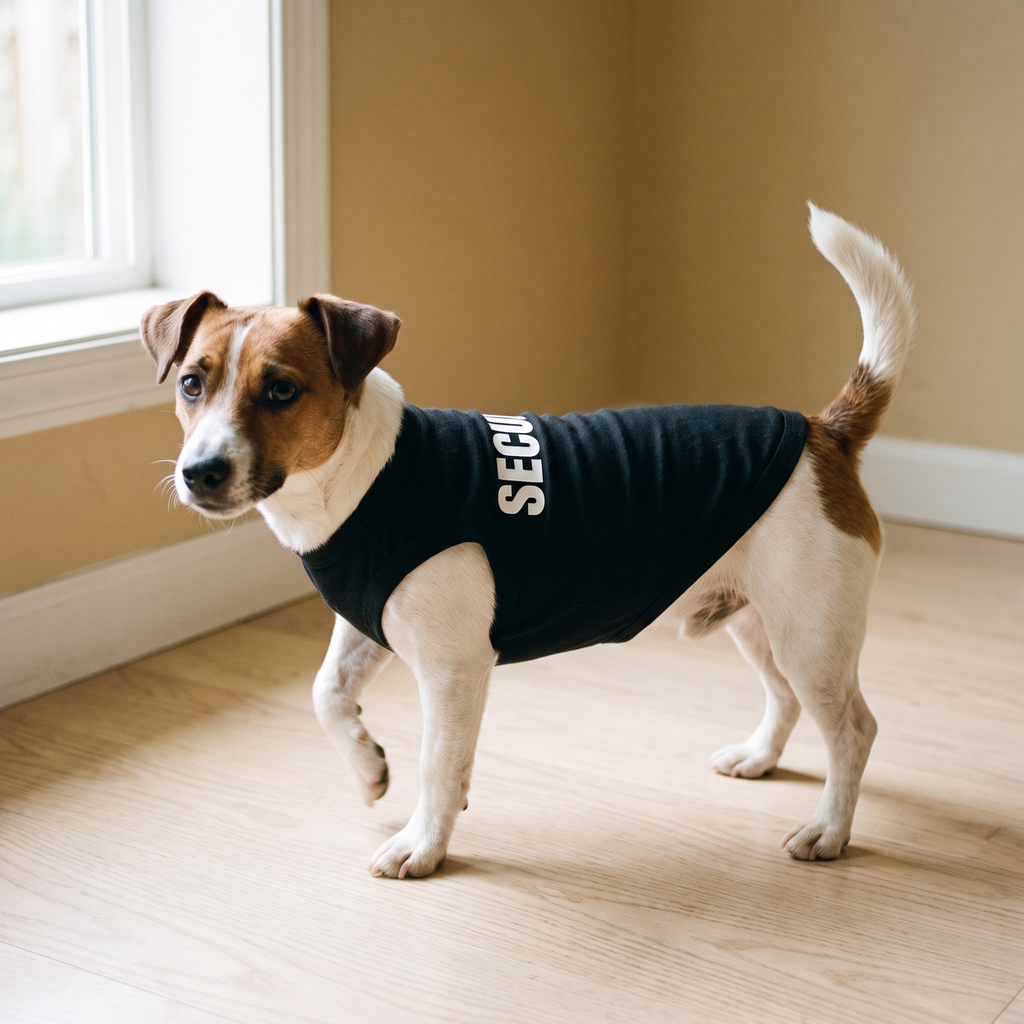 Jack Russell terrier wearing the black printed pet t-shirt - wrenwood hero