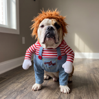 Bulldog wearing the halloween pet costume with striped top and denim dungarees - wrenwood hero