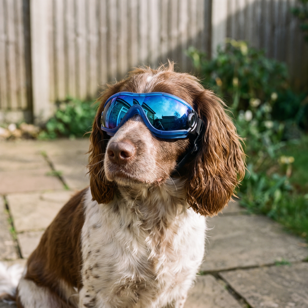 Dog wearing the blue UV-protection dog goggles outdoors - wrenwood hero