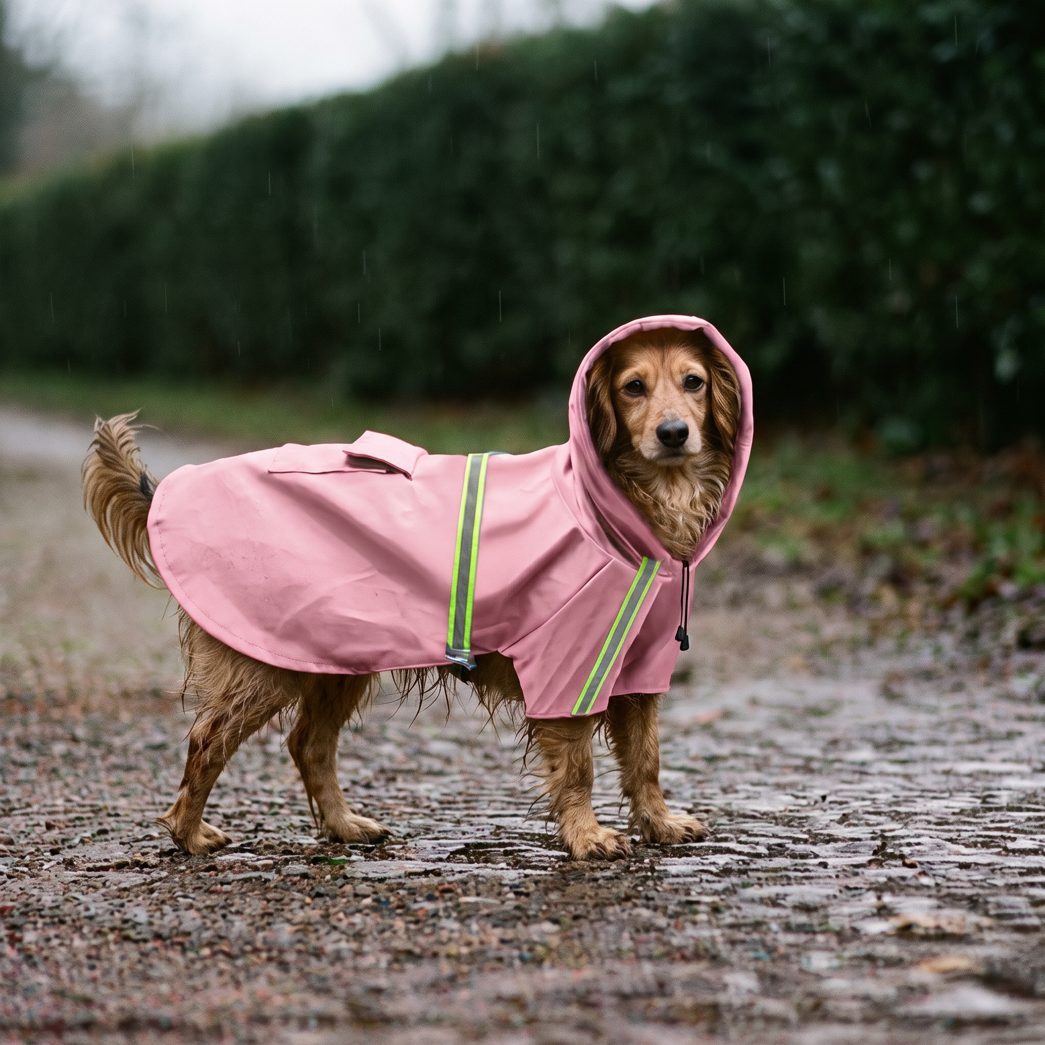 Dachshund wearing the pink hooded waterproof dog raincoat on a damp path - wrenwood hero