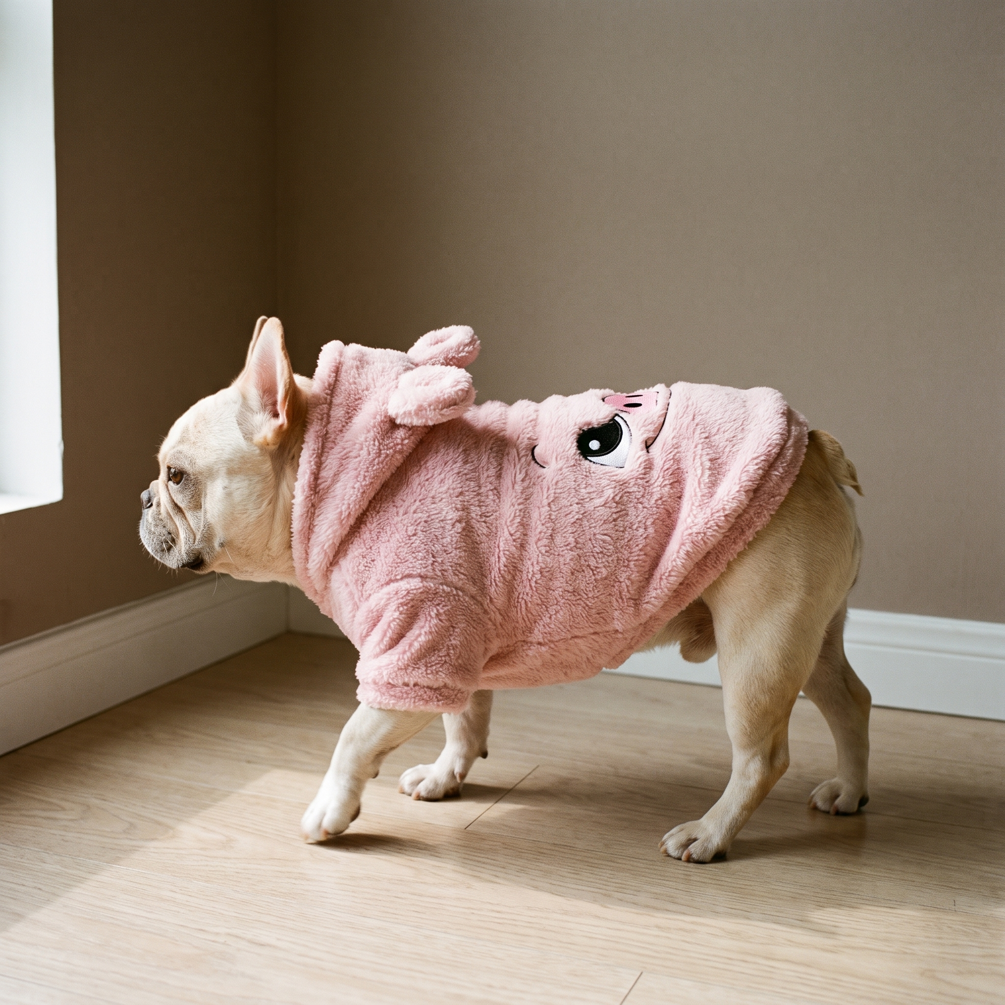 French bulldog wearing the pink pig fleece hoodie with ears - wrenwood hero