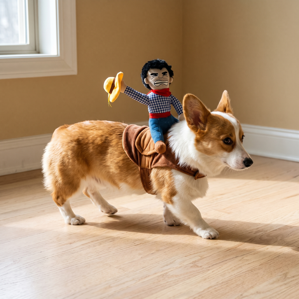 Corgi wearing the funny cowboy rider dog costume - wrenwood hero