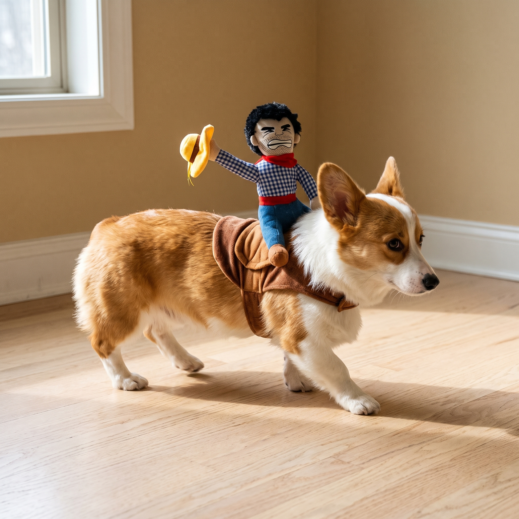 Corgi wearing the funny cowboy rider dog costume - wrenwood hero