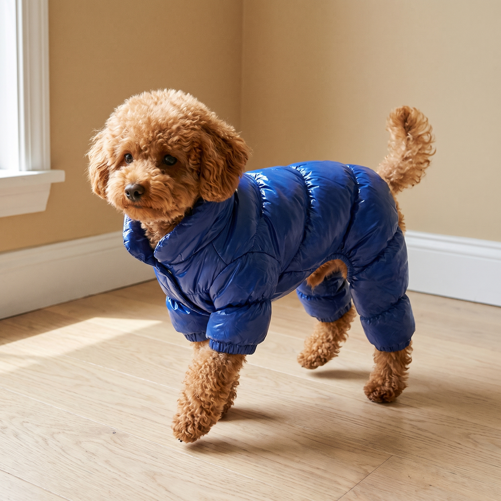 Toy poodle wearing the royal blue padded down dog jacket - wrenwood hero