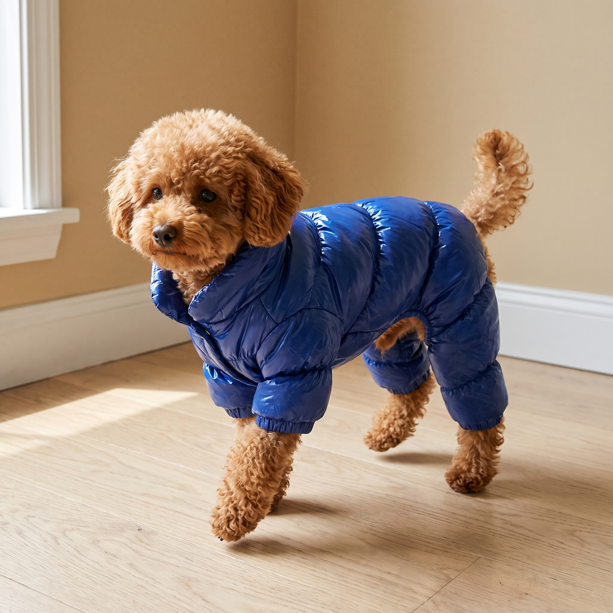Toy poodle wearing the royal blue padded down dog jacket - wrenwood hero