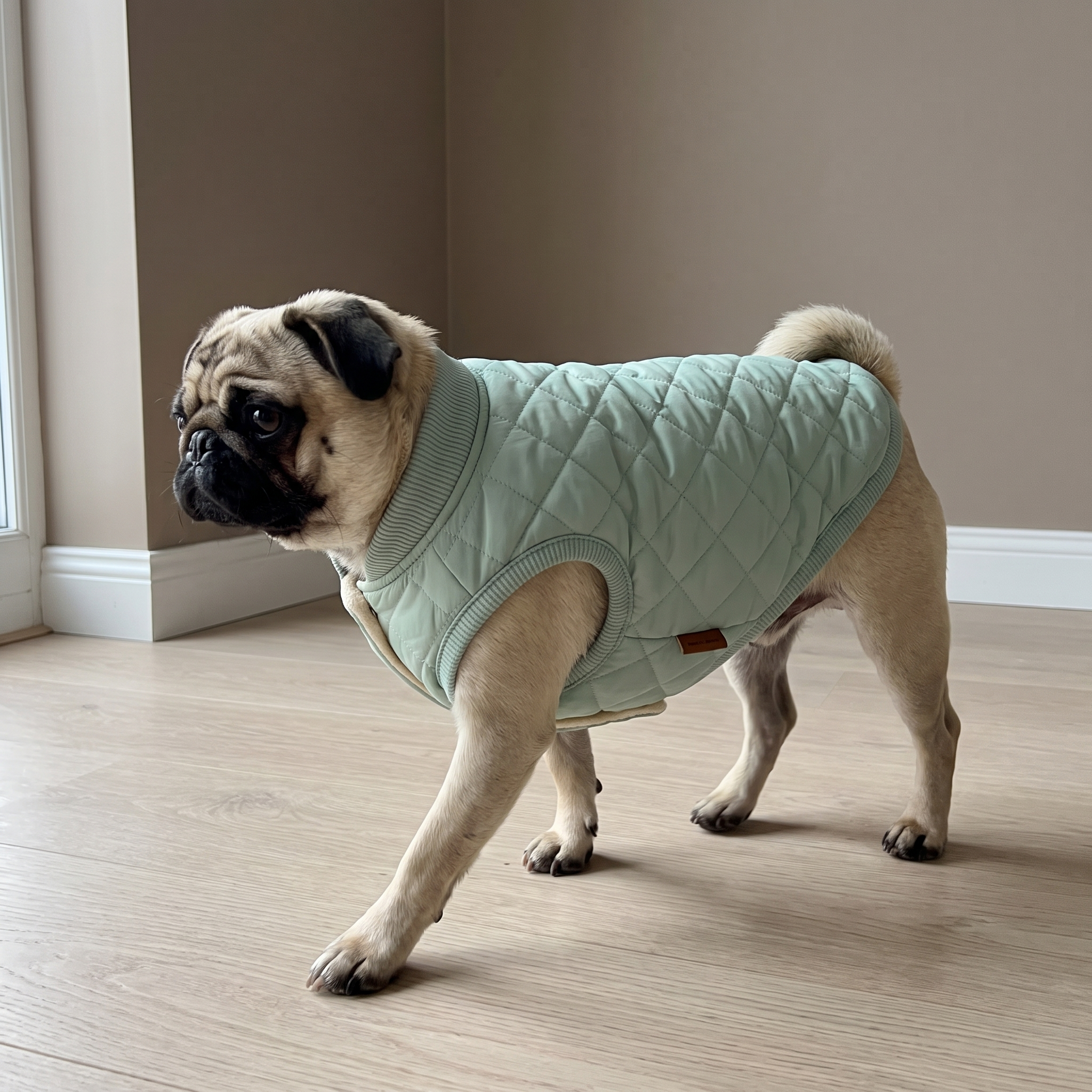 Pug wearing the mint green quilted padded dog vest - wrenwood hero