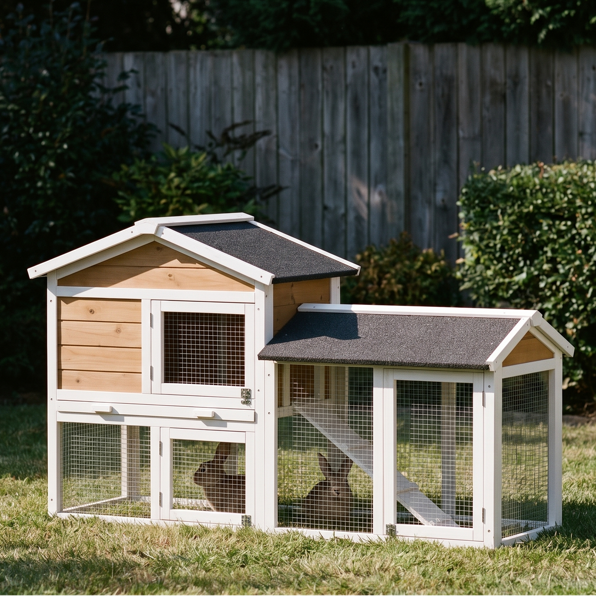 Two-tier white and natural wood rabbit hutch with side run in a backyard garden - wrenwood hero