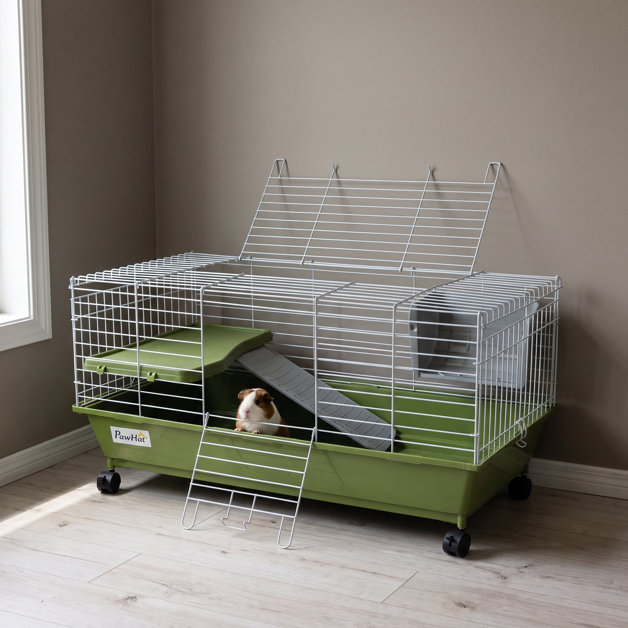 Rolling multi-tier rabbit and guinea pig cage with ramp in a living room - wrenwood hero