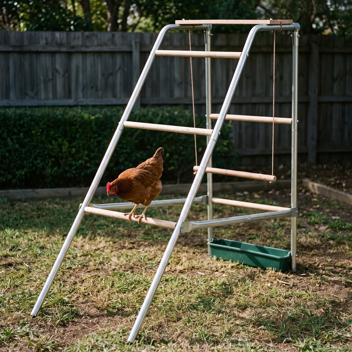Wooden chicken roosting perch in a backyard with a hen - wrenwood hero